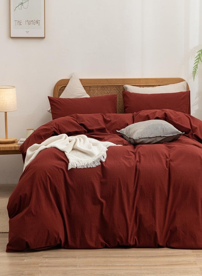 BESTOUCH Duvet Cover Set 100% Washed Cotton Linen Feel Super Soft Comfortable Chic Lightweight 2 PCs Home Bedding Set Solid Fired Brick Red Twin/Twin XL - Image 1
