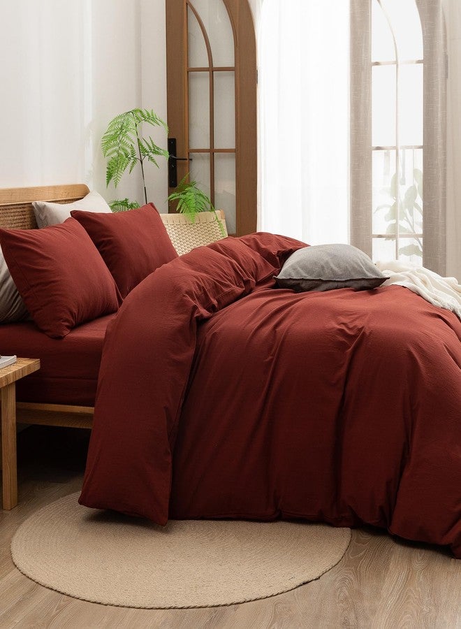 BESTOUCH Duvet Cover Set 100% Washed Cotton Linen Feel Super Soft Comfortable Chic Lightweight 2 PCs Home Bedding Set Solid Fired Brick Red Twin/Twin XL - Image 3