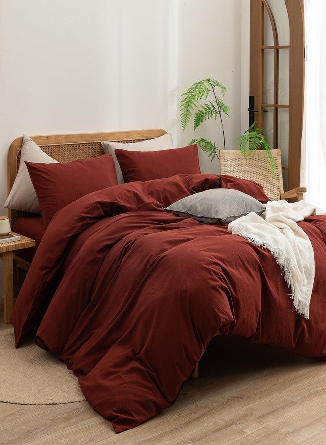 BESTOUCH Duvet Cover Set 100% Washed Cotton Linen Feel Super Soft Comfortable Chic Lightweight 2 PCs Home Bedding Set Solid Fired Brick Red Twin/Twin XL - Image 4