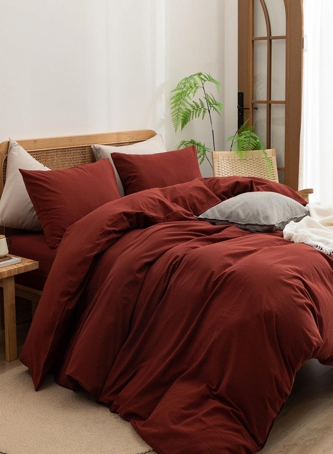 BESTOUCH Duvet Cover Set 100% Washed Cotton Linen Feel Super Soft Comfortable Chic Lightweight 2 PCs Home Bedding Set Solid Fired Brick Red Twin/Twin XL - Image 5