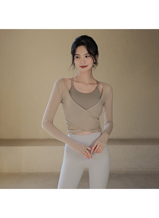 2PCS  Women's Workout Tops Long Sleeve Deep V Neck Wrap Front Yoga Shirts Breathable Active Crop Tops Female Fitness Shirts Solid - Image 1