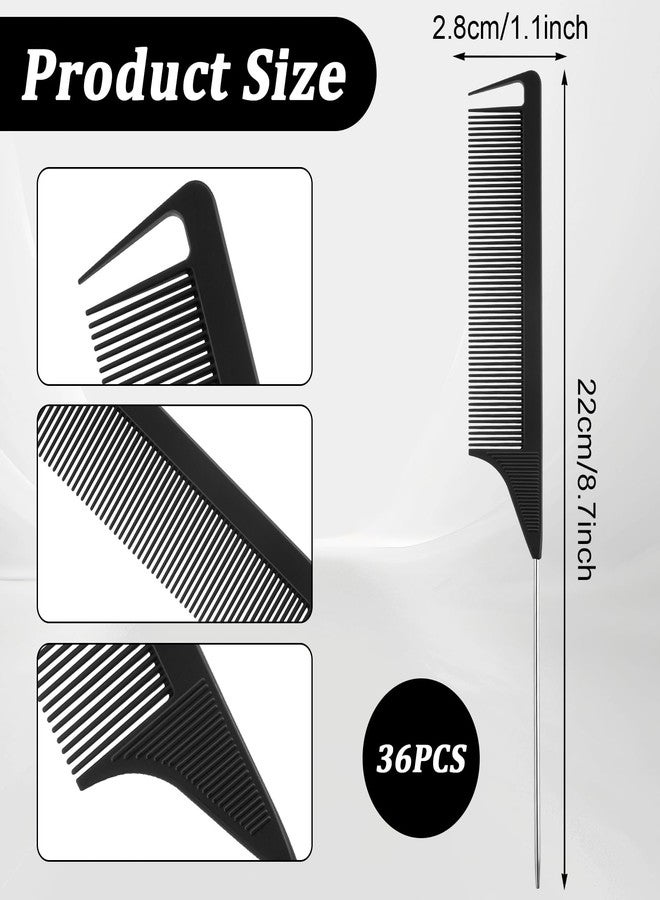 Prasacco 36 Pcs Rat Tail Combs - Parting & Braiding Combs, Steel & Carbon Fiber Heat Resistant, Black - Image 2