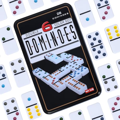 GOTHINK Double 6 Dominos Set for Adults with Tin Box Storage - 28 Tile Colorful Dot Dominoes Games Set for Family Night Gift Travel Game - Classic Party Board Game Ideal for 2-4 Players - Image 4