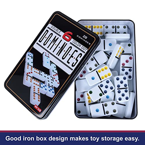 GOTHINK Double 6 Dominos Set for Adults with Tin Box Storage - 28 Tile Colorful Dot Dominoes Games Set for Family Night Gift Travel Game - Classic Party Board Game Ideal for 2-4 Players - Image 5