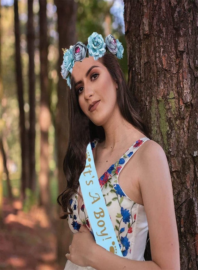 Ulfanit Baby Shower Decoration for Boy- Adjustable Blue Flower Crown Tiara and It’s A Boy Sash, Blue Gender Reveal Sash, Party Favors for Mom to Be - Image 3