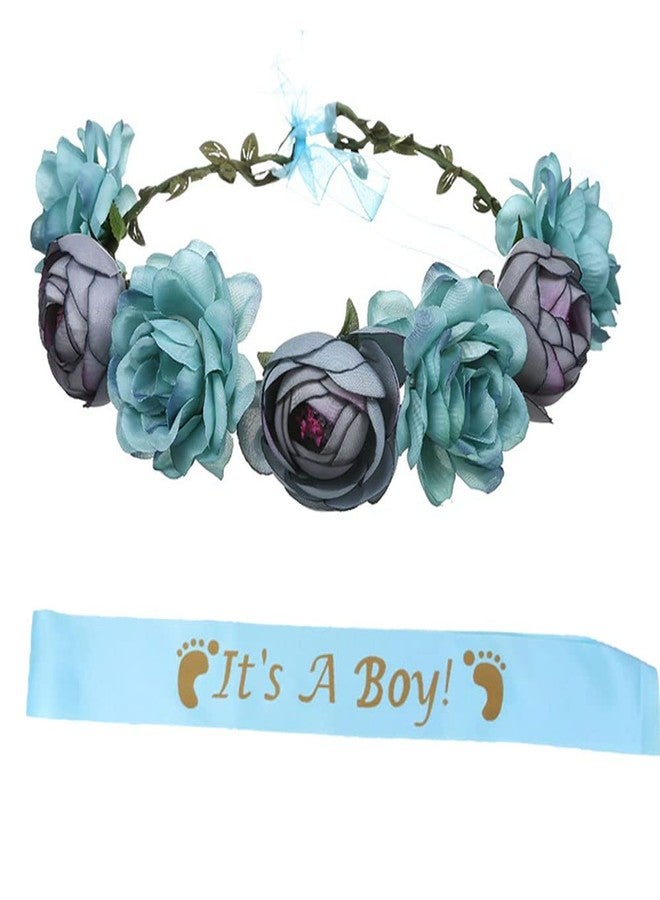 Ulfanit Baby Shower Decoration for Boy- Adjustable Blue Flower Crown Tiara and It’s A Boy Sash, Blue Gender Reveal Sash, Party Favors for Mom to Be - Image 1