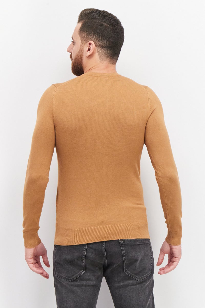 Celio Men Crew Neck Long Sleeve Plain Sweaters, Tan - Image 2