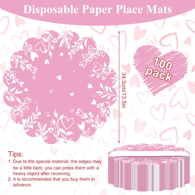 Stuffygreenus 100 Pcs Valentines Day Paper Placemats 13.5 Inches Scalloped Valentines Placemats Disposable Pink Floral Heart Place Mats for Dining Parties Weddings Holidays Table Decorations - Image 2