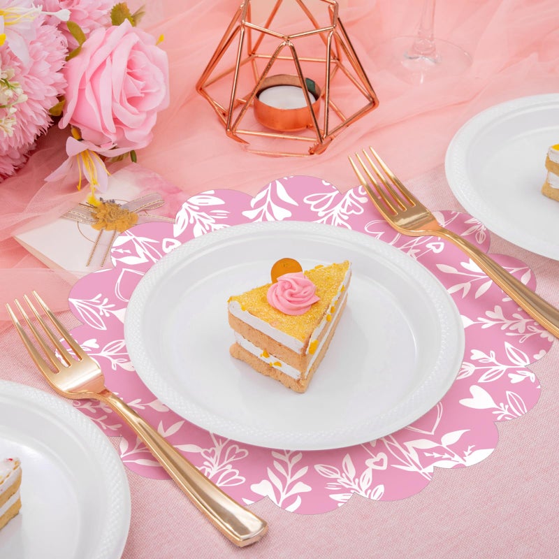 Stuffygreenus 100 Pcs Valentines Day Paper Placemats 13.5 Inches Scalloped Valentines Placemats Disposable Pink Floral Heart Place Mats for Dining Parties Weddings Holidays Table Decorations - Image 5