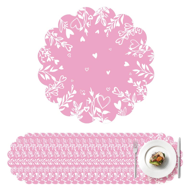 Stuffygreenus 100 Pcs Valentines Day Paper Placemats 13.5 Inches Scalloped Valentines Placemats Disposable Pink Floral Heart Place Mats for Dining Parties Weddings Holidays Table Decorations - Image 1