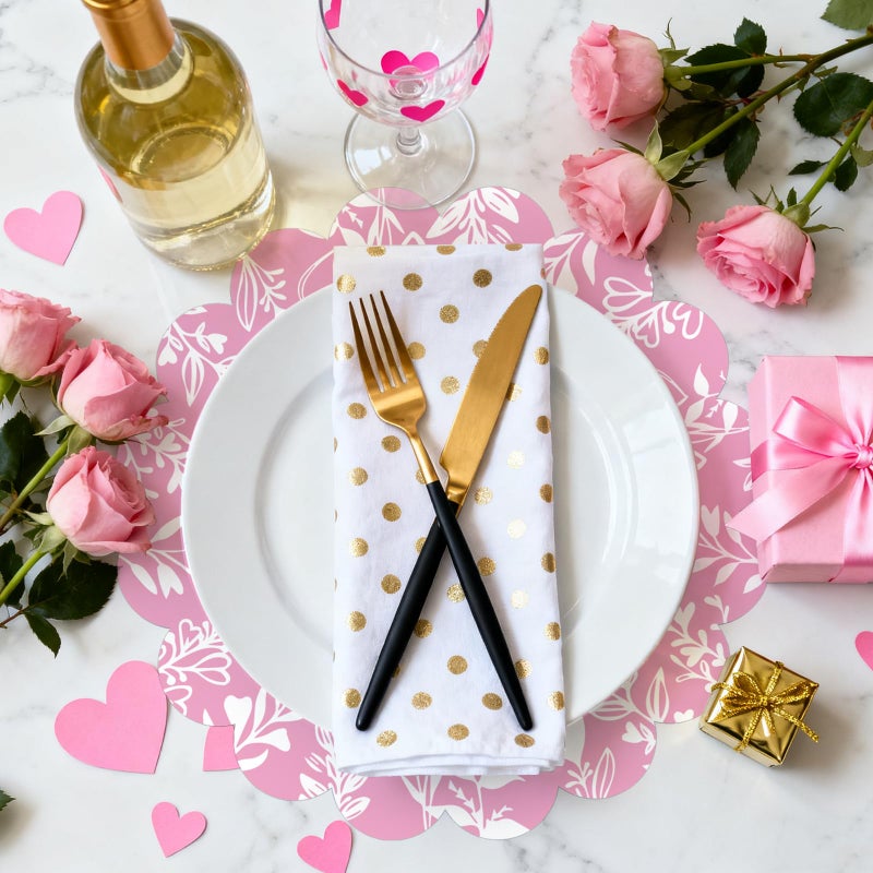 Stuffygreenus 100 Pcs Valentines Day Paper Placemats 13.5 Inches Scalloped Valentines Placemats Disposable Pink Floral Heart Place Mats for Dining Parties Weddings Holidays Table Decorations - Image 4