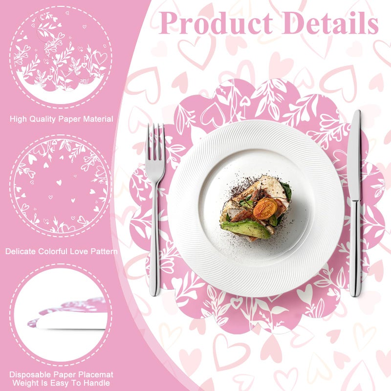 Stuffygreenus 100 Pcs Valentines Day Paper Placemats 13.5 Inches Scalloped Valentines Placemats Disposable Pink Floral Heart Place Mats for Dining Parties Weddings Holidays Table Decorations - Image 3