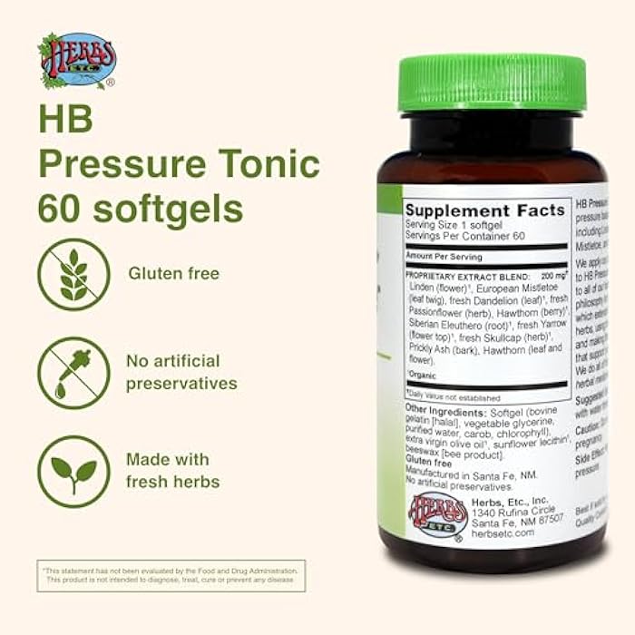Herbs Etc. HB Pressure Tonic Softgels - Herbal Supplement for Cardiovascular Health & Healthy Circulation - Linden, Hawthorn & European Mistletoe - Gluten-Free & Organic - 60 Count (60 Servings) - Image 3