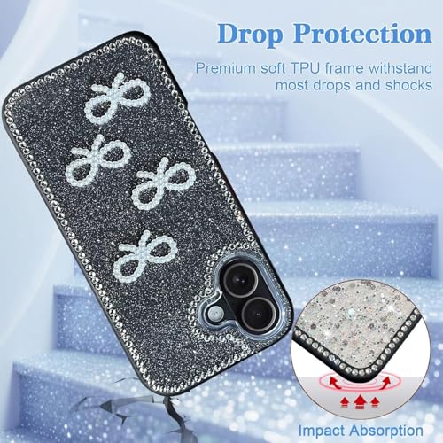 DIZORO Compatible for iPhone 16 Plus Cover 6.7, Luxury Diamond Cute with Bow Glitter Bling Case with Full Camera Protection Shockproof PC+TPU Glossy Shiny Back Cover Case for Girls Women (Black) - Image 3