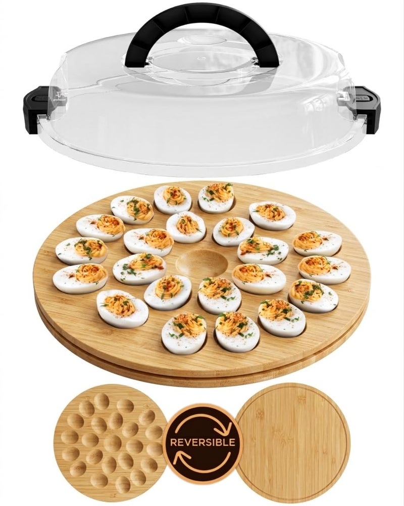 Trayful Deviled Egg Serving Tray with Lid, Reversible Sides, Wooden Storage Container for Appetizers, Party Platter for 22 Deviled Eggs, Bamboo Wood - Image 1