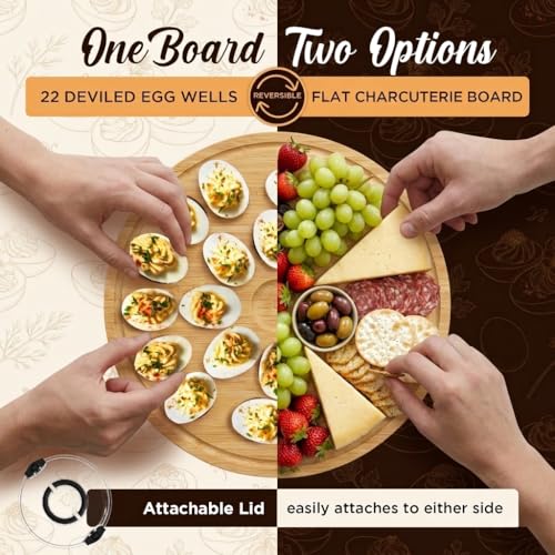 Trayful Deviled Egg Serving Tray with Lid, Reversible Sides, Wooden Storage Container for Appetizers, Party Platter for 22 Deviled Eggs, Bamboo Wood - Image 2