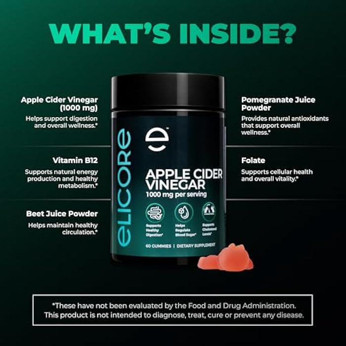 ELICORE Apple Cider Vinegar Gummies 1000mg Metabolism Booster ACV Gummies with Vitamin B12 – Supports Weight Management, Digestion, & Heart Health – Non-GMO Dietary Supplements, 60 Count - Image 4