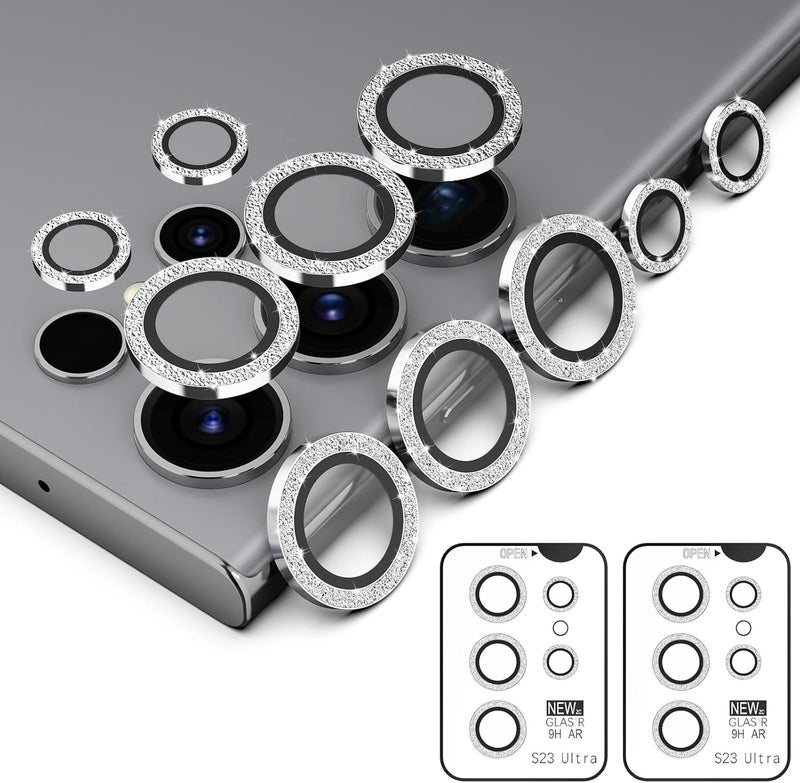 Simpeak 2Pack Bling Camera Lens Protector Compatible with Samsung Galaxy S23 Ultra 5G 68 2023 Individual 9H Tempered Glass Camera Metal Case for S23 Ultra 68 Installation Tray Silver Bling - Image 1