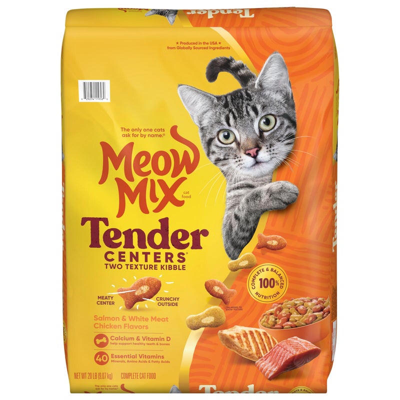 Meow Mix ميو ميكس تندر سنترز، نكهات السلمون واللحم الأبيض من الدجاج، طعام جاف للقطط، كيس 20 lb. - Image 1