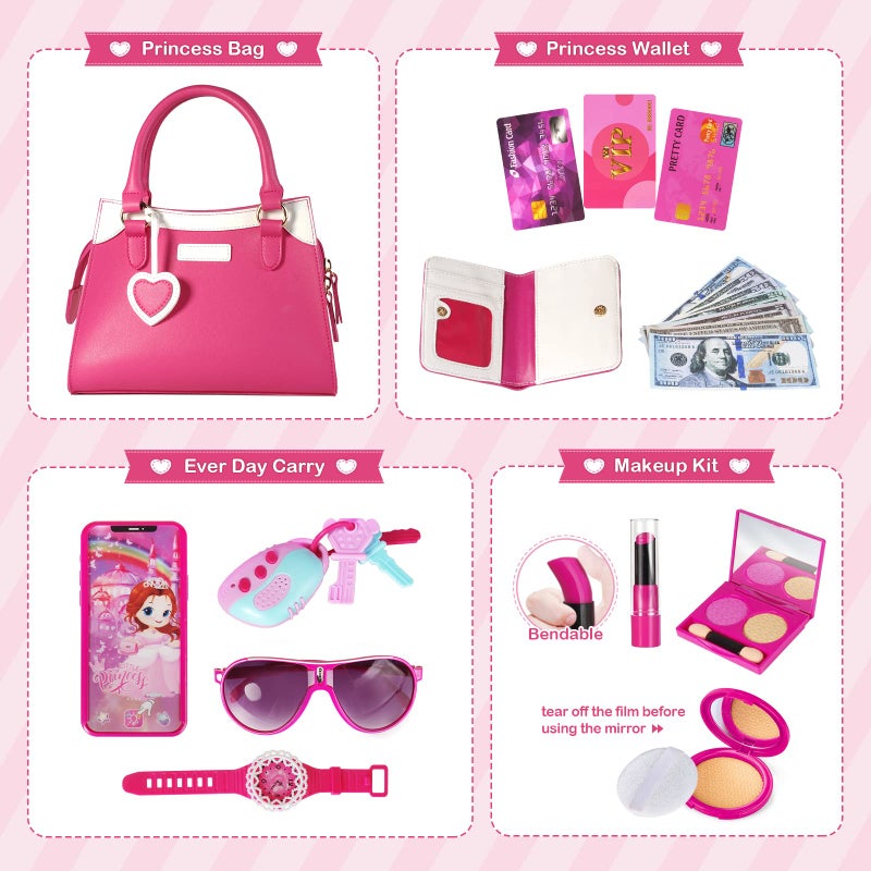 Shemira Play Purse for Little Girls, Princess Pretend Toys for Girls 3 4 5 6 7 8 Years Old, Christmas & Birthday Gift for Kids Age 3-5 4-6 6-8, Toddler Purse with Accessories, Kids Toy Purse,Pink - Image 3
