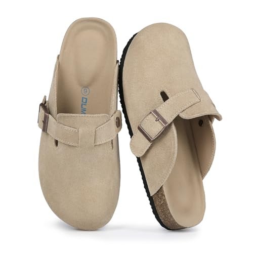 Dumalum Clogs for Women Mens Suede Leather Slip on Shoes Cork Footbed Mules Sandals with Arch Support Unisex Slippers Khaki - Image 1