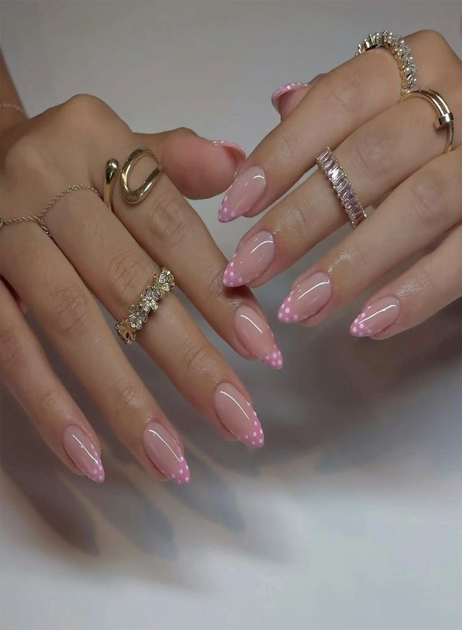 ASABITE 24Pcs Pink Medium Almond Press on Nails Polka Dot Fake Nails with Design Cute French Tip False Nails Full Cover Artificial Nails Press on Reusable Polka Dot Stick on Nail for Women Girls DIY Manicure - Image 3