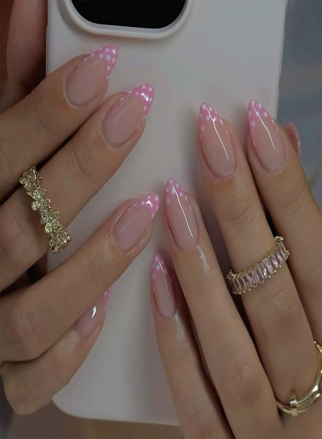 ASABITE 24Pcs Pink Medium Almond Press on Nails Polka Dot Fake Nails with Design Cute French Tip False Nails Full Cover Artificial Nails Press on Reusable Polka Dot Stick on Nail for Women Girls DIY Manicure - Image 2