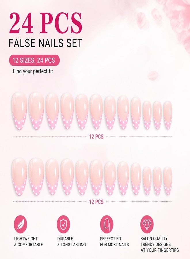 ASABITE 24Pcs Pink Medium Almond Press on Nails Polka Dot Fake Nails with Design Cute French Tip False Nails Full Cover Artificial Nails Press on Reusable Polka Dot Stick on Nail for Women Girls DIY Manicure - Image 4
