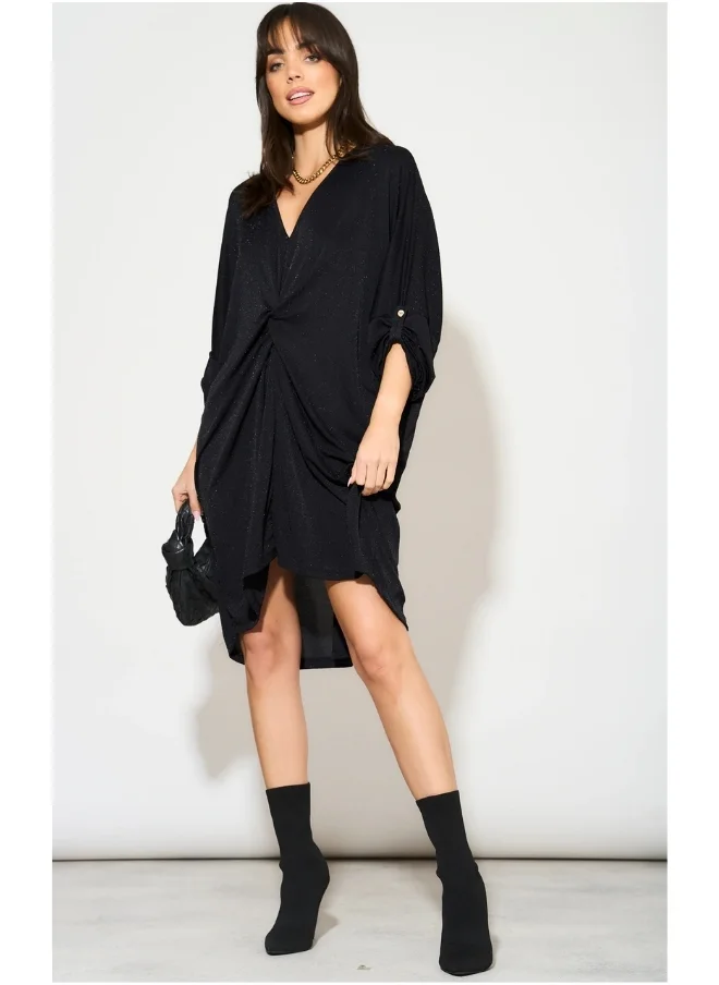 Hoxton Gal Black Glitter Twist Front Mini Dress with Button Sleeves