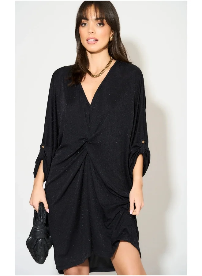 Hoxton Gal Black Glitter Twist Front Mini Dress with Button Sleeves