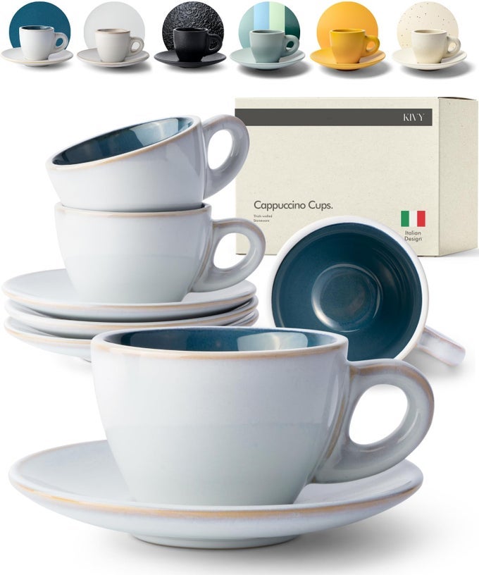 CAPPUCCINO CUPS SET OF 4 8OZ THICKWALLED STONEWARE CAPPUCCINO CUP SET FOR LATTE ART LATTE MUGS LATTE CUPS COFFEE MUG LATTE ART CUP CERAMIC LATTE CUP AND SAUCER SET OF 4 BLUE