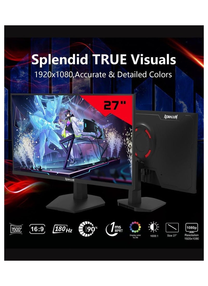 REDRAGON - Ultimate Gaming Monitor 27 Inch - 180Hz IPS Display, 1ms Response Time, FreeSync Compatible, FHD Resolution, Bezel-Less Display, HDMI & DP Support – PS5 Ready - Image 1
