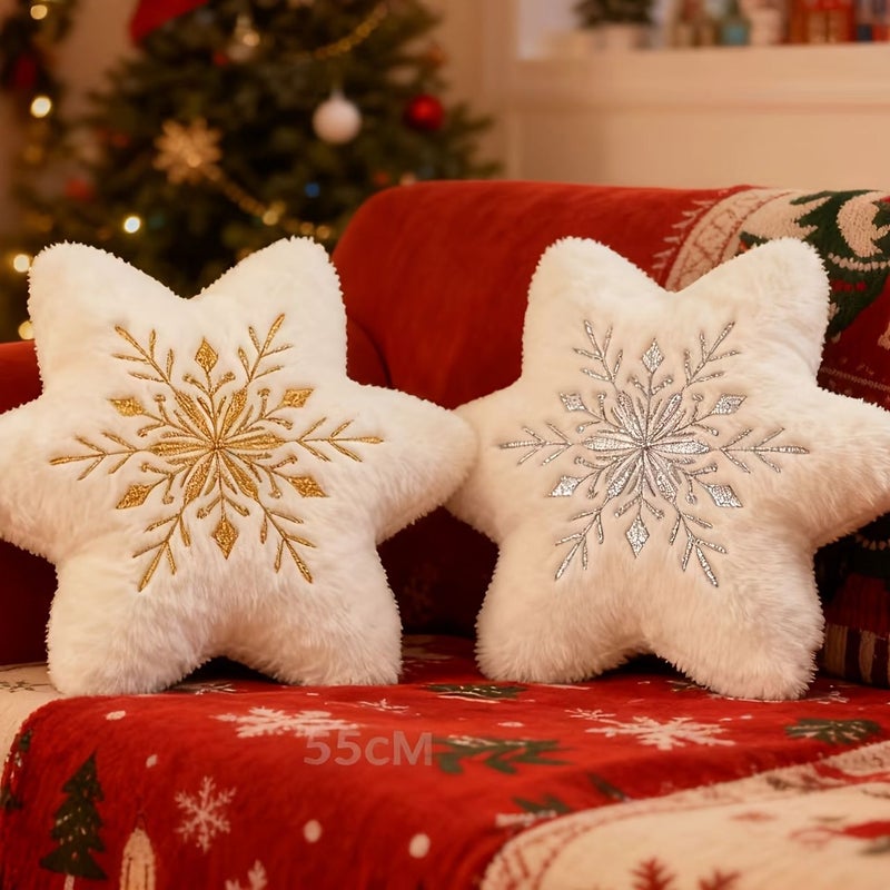 Christmas Snowflake Embroidered Decorative Throw Pillow Single Sided Embroidery 13.78 Inch Filled With PP Silvery - Image 1