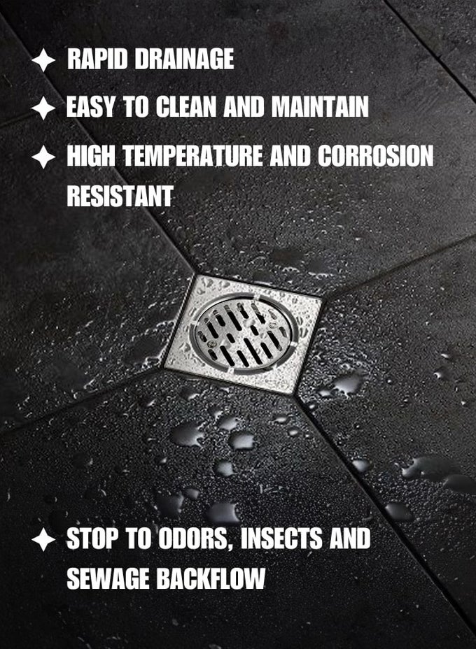 STAINLESS STEEL FLOOR DRAIN WITH REMOVABLE COVER  ANTI-CLOG BATHROOM SHOWER DRAIN, RUST-RESISTANT SQUARE FLOOR GRATING FOR KITCHEN, BALCONY, GARAGE & LAUNDRY ROOM (15*15 CM)