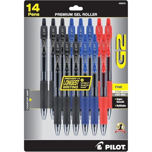 Pilot G2 Premium Gel Roller Pens, Bold Point, Gel Ink Pens, 1 mm, Pack of 14, Black, Blue, Red - Ideal for School, Journaling & Office Writing - Image 1
