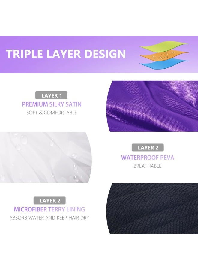 Aquior Shower Cap,Extra Large Triple Layer Bathing Cap with Dry Hair Function for Women Microfiber Terry Cloth Silky Satin 100% Waterproof Reusable Long Hair Bath Caps (Purple) - Image 3