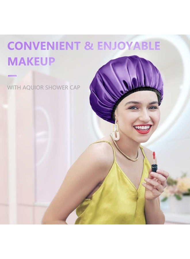 Aquior Shower Cap,Extra Large Triple Layer Bathing Cap with Dry Hair Function for Women Microfiber Terry Cloth Silky Satin 100% Waterproof Reusable Long Hair Bath Caps (Purple) - Image 5