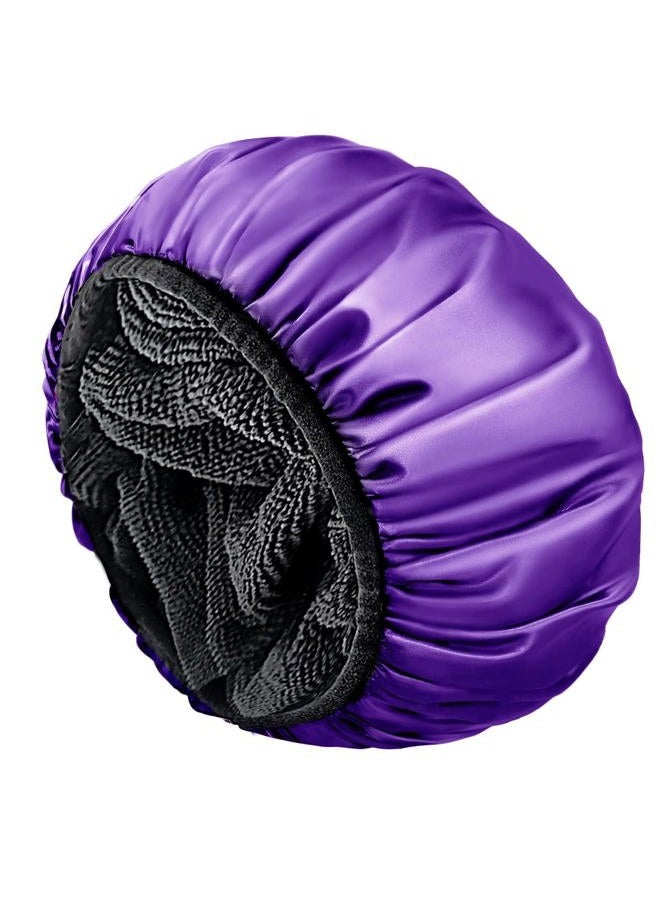 Aquior Shower Cap,Extra Large Triple Layer Bathing Cap with Dry Hair Function for Women Microfiber Terry Cloth Silky Satin 100% Waterproof Reusable Long Hair Bath Caps (Purple) - Image 1