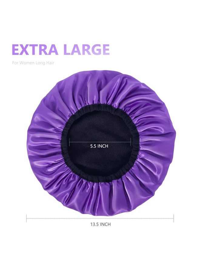 Aquior Shower Cap,Extra Large Triple Layer Bathing Cap with Dry Hair Function for Women Microfiber Terry Cloth Silky Satin 100% Waterproof Reusable Long Hair Bath Caps (Purple) - Image 2