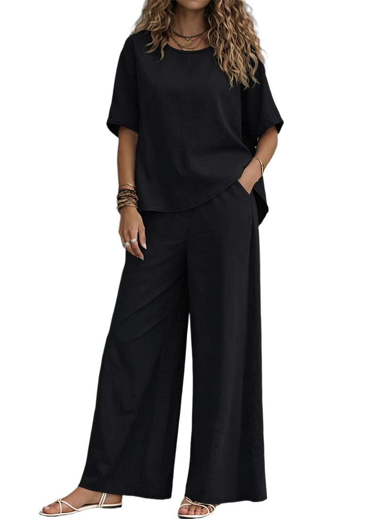 Women's Casual 2pcs Set: Solid Color Loose Short Sleeve Crew Neck Shirt Top + Wide-Leg Long Pants - Image 1