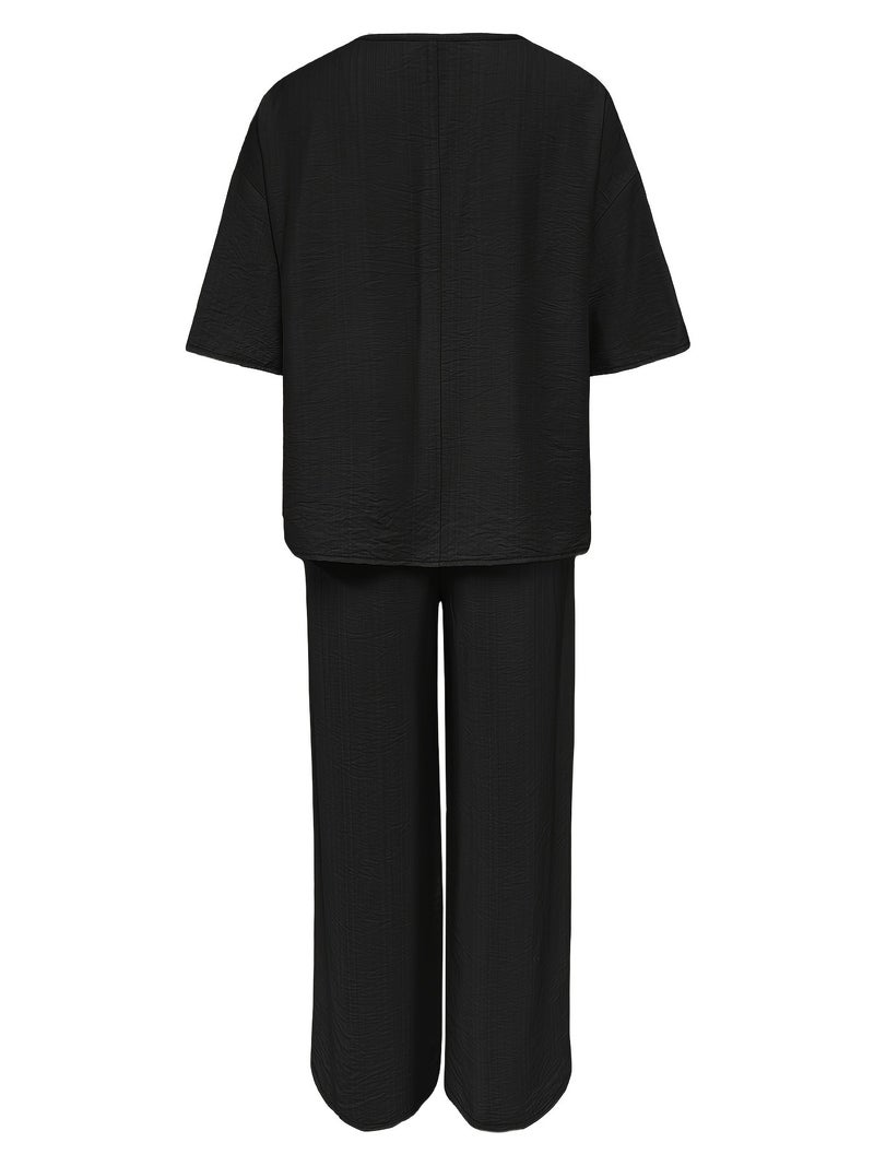 Women's Casual 2pcs Set: Solid Color Loose Short Sleeve Crew Neck Shirt Top + Wide-Leg Long Pants - Image 3