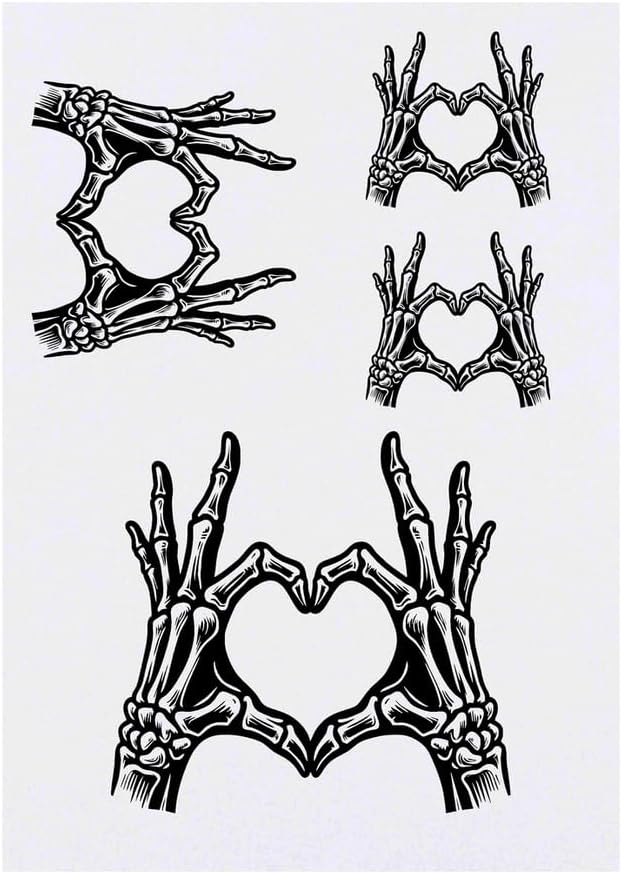 4 x Skeleton Hands Heart Sign Temporary Tattoos Water Resistant SkinSafe NonToxic Transfers Mixed Sizes TO00075516
