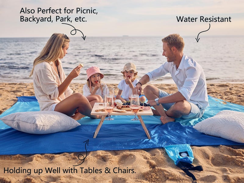 WEKAPO Beach Blanket Sandproof, Extra Large Beach Mat, Big & Compact Sand Free Mat Quick Drying, Lightweight & Durable with 6 Stakes & 4 Corner Pockets (Blue, 9x7 FT (1ï½ž5 Person)) - Image 4