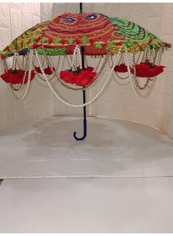 Sellplus Handmade Decorative Umbrella with White Moti & Velvet Rose for Decorating Purposes (Size - 24 inches Diameter and 17 inch - top to Bottom) (Design 1) - Image 1