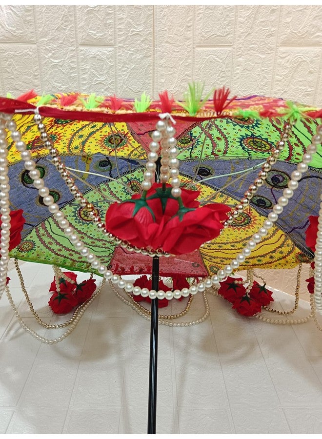 Sellplus Handmade Decorative Umbrella with White Moti & Velvet Rose for Decorating Purposes (Size - 24 inches Diameter and 17 inch - top to Bottom) (Design 1) - Image 4