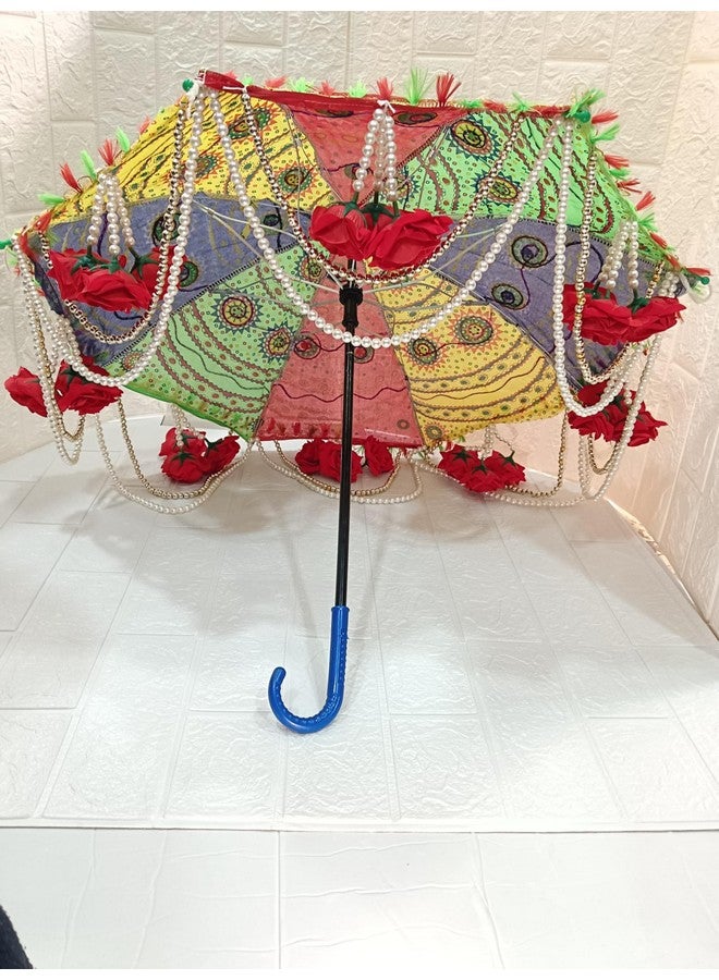 Sellplus Handmade Decorative Umbrella with White Moti & Velvet Rose for Decorating Purposes (Size - 24 inches Diameter and 17 inch - top to Bottom) (Design 1) - Image 2