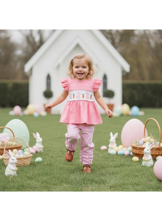 BemeyourBBs Toddler Baby Girl Easter Outfits Ruffle Shirts Tunic Top and Ruffle Pants Set Cute Infant Clothes, Ruffle Bunny Pink, 6-12 Months - Image 3