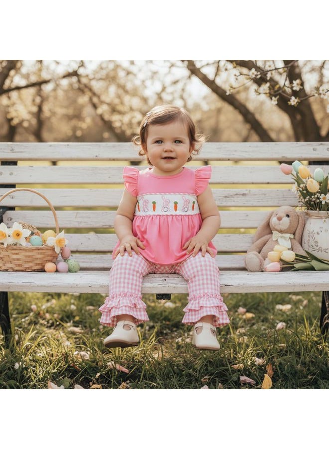 BemeyourBBs Toddler Baby Girl Easter Outfits Ruffle Shirts Tunic Top and Ruffle Pants Set Cute Infant Clothes, Ruffle Bunny Pink, 6-12 Months - Image 2