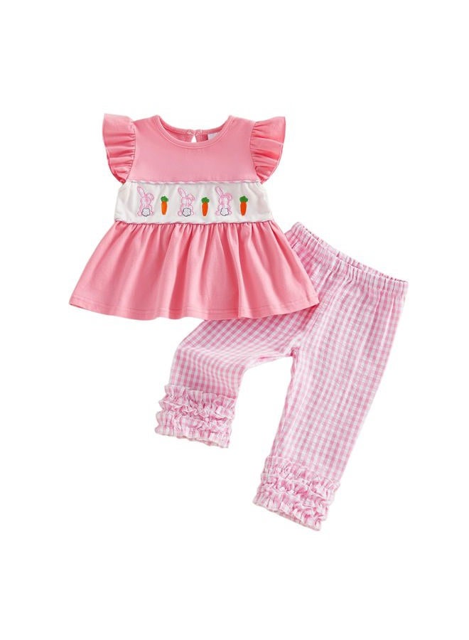 BemeyourBBs Toddler Baby Girl Easter Outfits Ruffle Shirts Tunic Top and Ruffle Pants Set Cute Infant Clothes, Ruffle Bunny Pink, 6-12 Months - Image 1