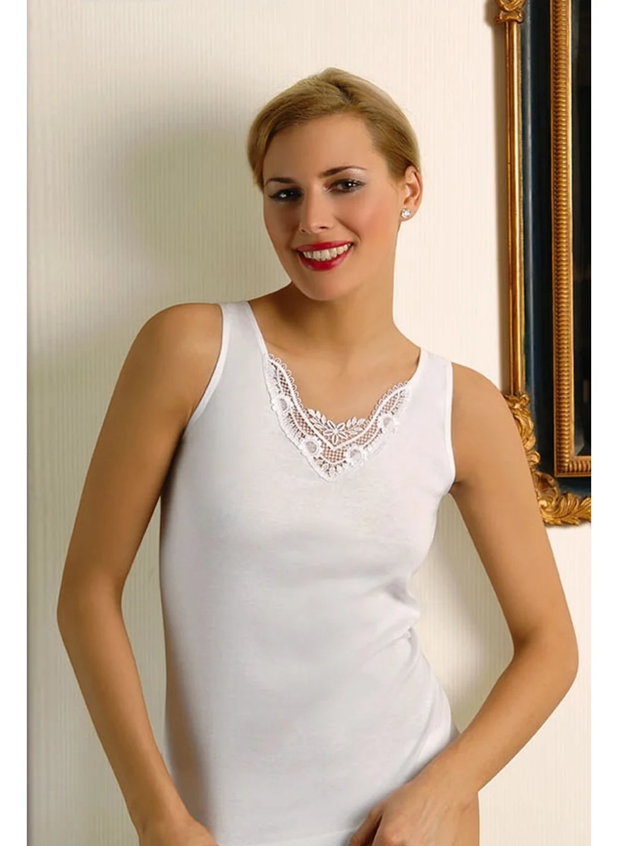 Anıt Lingerie Anıt 2104 Women's White Rib Laced Pool Neck Undershirt